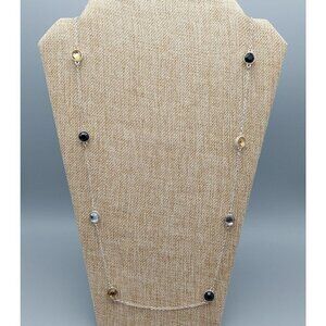 Long Silver Tone Station Necklace Clear Black & Amber Color Crystals 38" Modest